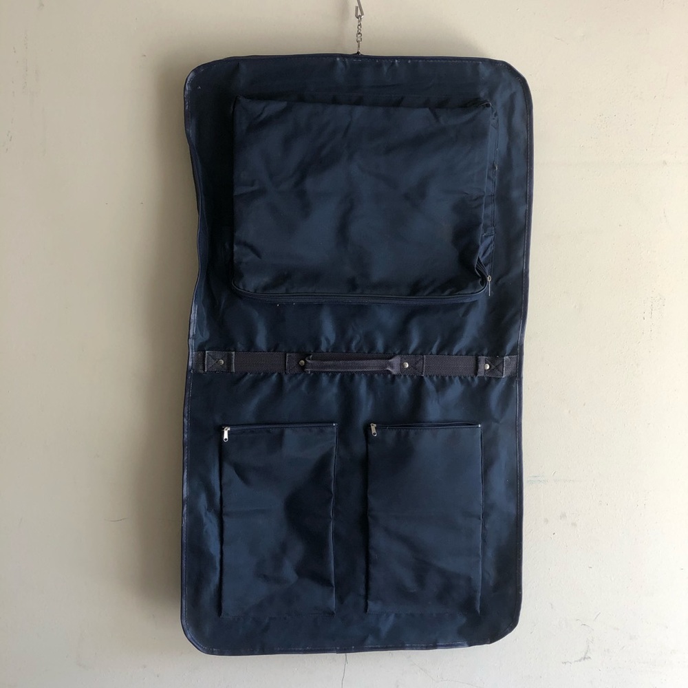 Vintage Navy Blue Canvas Folding Garment Bag Hanging Suit Carrier Travel